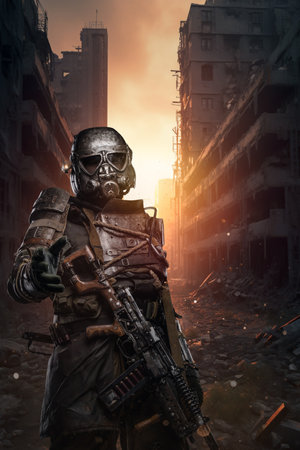 Post-apocalyptic world, a soldier wearing unique anti-nuclear armor