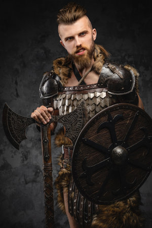Bearded Viking warrior dressed in fur and light armorの写真素材