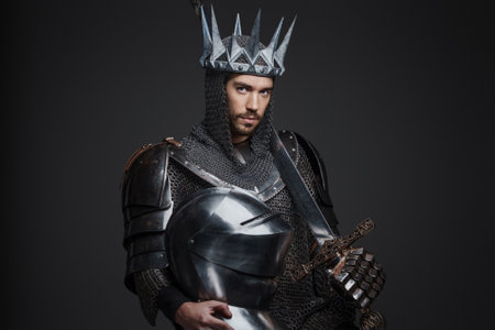 Portrait of a handsome king in heavy armorの写真素材