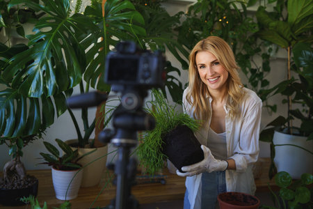 Florist blogger capturing her plant care routine in room with vibrant greeneryの写真素材