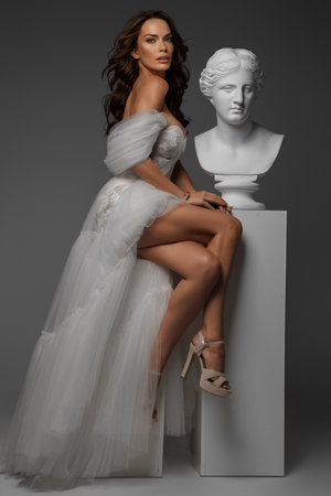 Stunning model in a luxurious white dress poses with ancient Greek sculpturesの写真素材