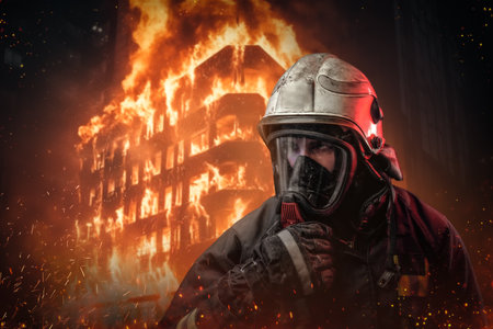 firefighter in protective gear and oxygen mask stands surrounded by flamesの写真素材