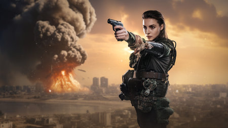 Female soldier in military uniform posing in front of a massive bomb explosionの写真素材