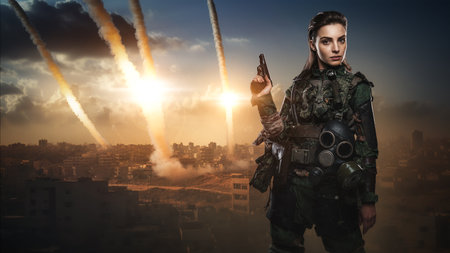 Resolute Woman Soldier Amidst Missile Strikeの写真素材