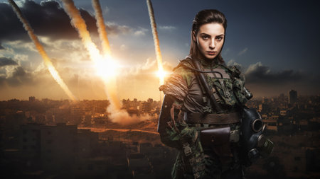 Resolute Woman Soldier Amidst Missile Strikeの写真素材