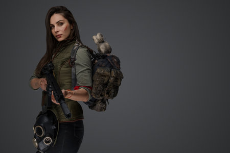 Middle Eastern Survivalist Woman with Rifleの写真素材