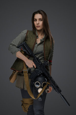 Middle Eastern Survivalist Woman with Rifleの写真素材