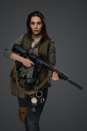 Middle Eastern Survivalist Woman with Rifleの写真素材