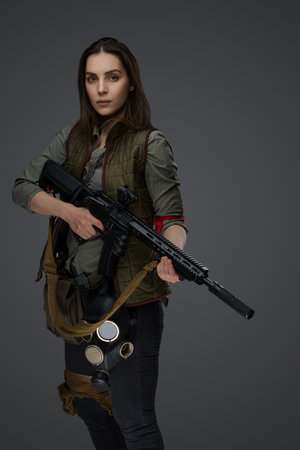 Middle Eastern Survivalist Woman with Rifleの写真素材