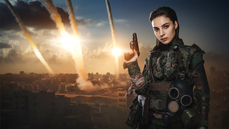 Resolute Woman Soldier Amidst Missile Strikeの写真素材