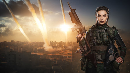 Resolute Woman Soldier Amidst Missile Strikeの写真素材