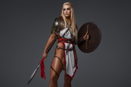 Shieldmaiden of the North. Viking Warrior in Fantasy Armorの写真素材
