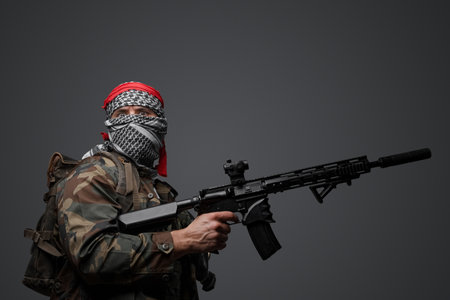 Middle Eastern Extremist Soldier, Camo Gear on Gray Backgroundの写真素材