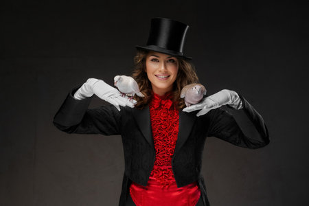 Spellbinding magician with dazzling dovesの写真素材
