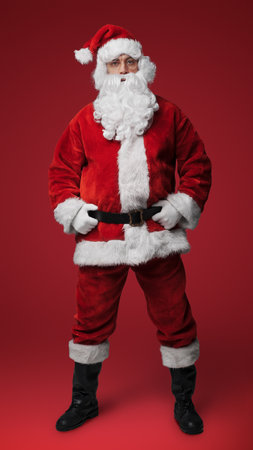 Cheerful Santa in festive attire ready for Christmas on red backgroundの写真素材
