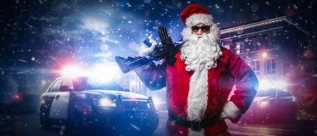 Action Santa: Armed Santa Points Amid Police Lights in Snowy Nightの写真素材