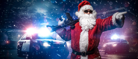 Santa Claus with Machine Gun and Police Cars in Snowstormの写真素材