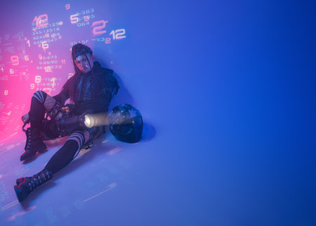 Futuristic Woman with Projector and Helmet in Digital Symbol Environmentの写真素材