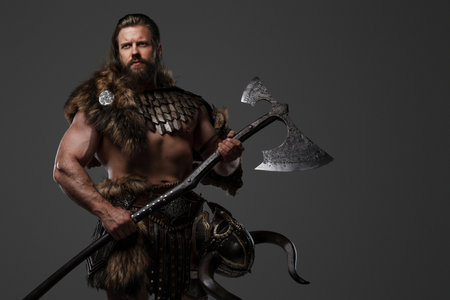 A fierce bearded Viking warrior in fur and light armorの写真素材