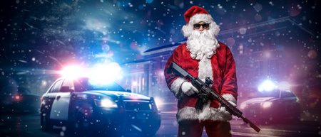 Action Santa: Armed Santa Points Amid Police Lights in Snowy Nightの写真素材