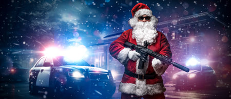 Action Santa: Armed Santa Points Amid Police Lights in Snowy Nightの写真素材