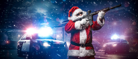 Action Santa: Armed Santa Points Amid Police Lights in Snowy Nightの写真素材