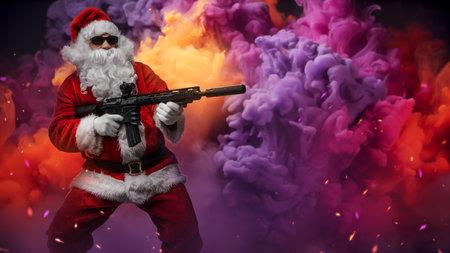 Action Santa: Armed Santa Takes Aim Amid Multicolored Smoke and Flying Sparksの写真素材