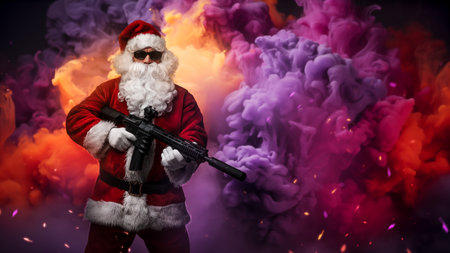Santa Claus with Machine Gun in Colorful Smoke and Sparkling Lightsの写真素材