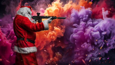 Action Santa: Armed Santa Takes Aim Amid Multicolored Smoke and Flying Sparksの写真素材