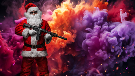 Santa Claus with Machine Gun in Colorful Smoke and Sparkling Lightsの写真素材