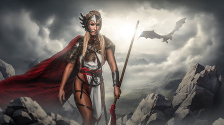Heroic Valkyrie with Spear Overlooking Mountain Vistaの写真素材