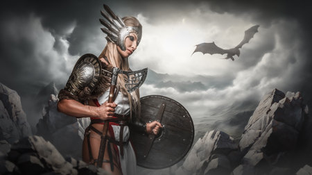 Mystical Valkyrie and Dragon in Stormy Mountainscapeの写真素材