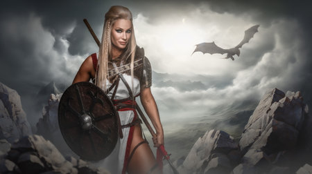 Valkyrie Warrior Woman in Misty Mountains with Dragonの写真素材