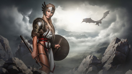 Mystical Valkyrie and Dragon in Stormy Mountainscapeの写真素材