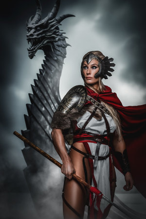 Dauntless Warrior Woman With Dragon drakkarの写真素材