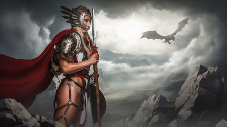 Heroic Valkyrie with Spear Overlooking Mountain Vistaの写真素材