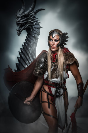 Dauntless Warrior Woman With Dragon drakkarの写真素材