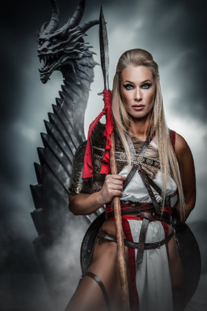 Dauntless Warrior Woman With Dragon drakkarの写真素材