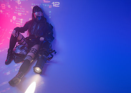 Digital Futurism: Woman in Tactical Black Suit with Open Space for Textの写真素材