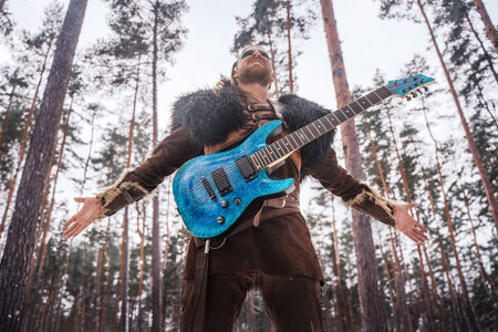 Viking Guitarist in Winter Forest