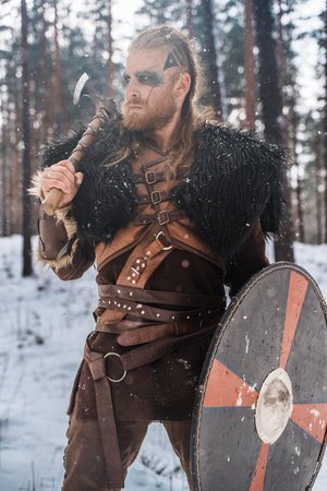 Norse Warrior Poised with Axe and Shieldの写真素材