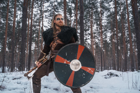 Viking Warrior with Axe and Shield in Snowy Woodsの写真素材