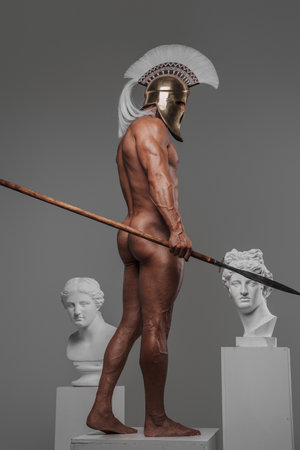 Contemporary Hoplite, muscular Model with Spearの写真素材