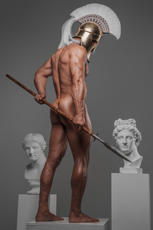 Contemporary Hoplite, muscular Model with Spearの写真素材