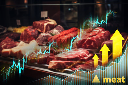 Stock Market Analysis Over Meat Display Caseの写真素材