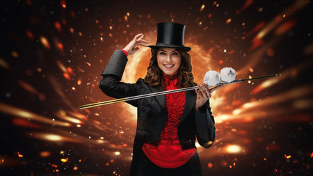 Smiling Magician with Doves and Fiery Spectacleの写真素材
