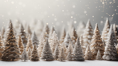 Miniature Snow-Covered Christmas Trees in Winter Sceneの写真素材