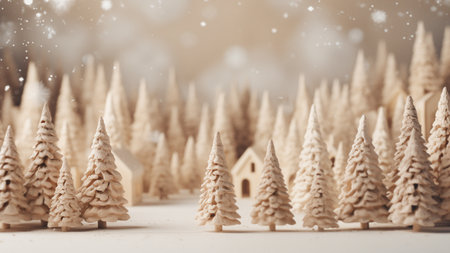Festive Winter Village with Snowy Christmas Treesの写真素材