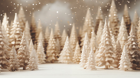 Festive Winter Village with Snowy Christmas Treesの写真素材