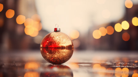 Festive Christmas Ball with City Lightsの写真素材